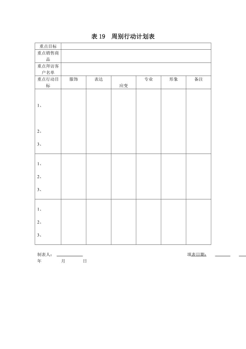 周别行动计划表（表格模板、doc格式）.doc_第1页