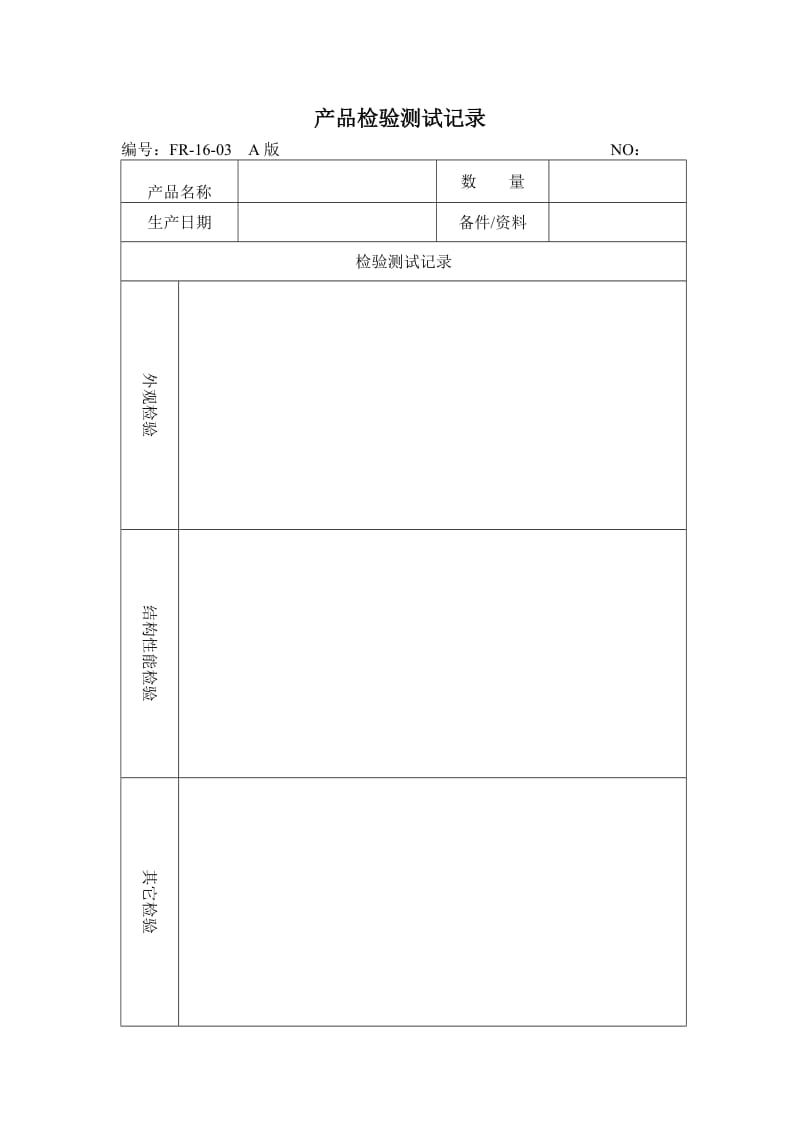 产品检验测试记录（表格模板、doc格式）.doc_第1页