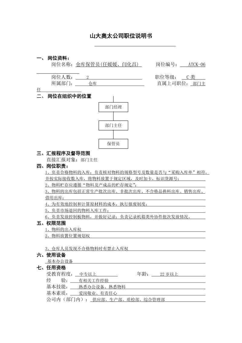 仓库保管员职位说明书.doc_第1页