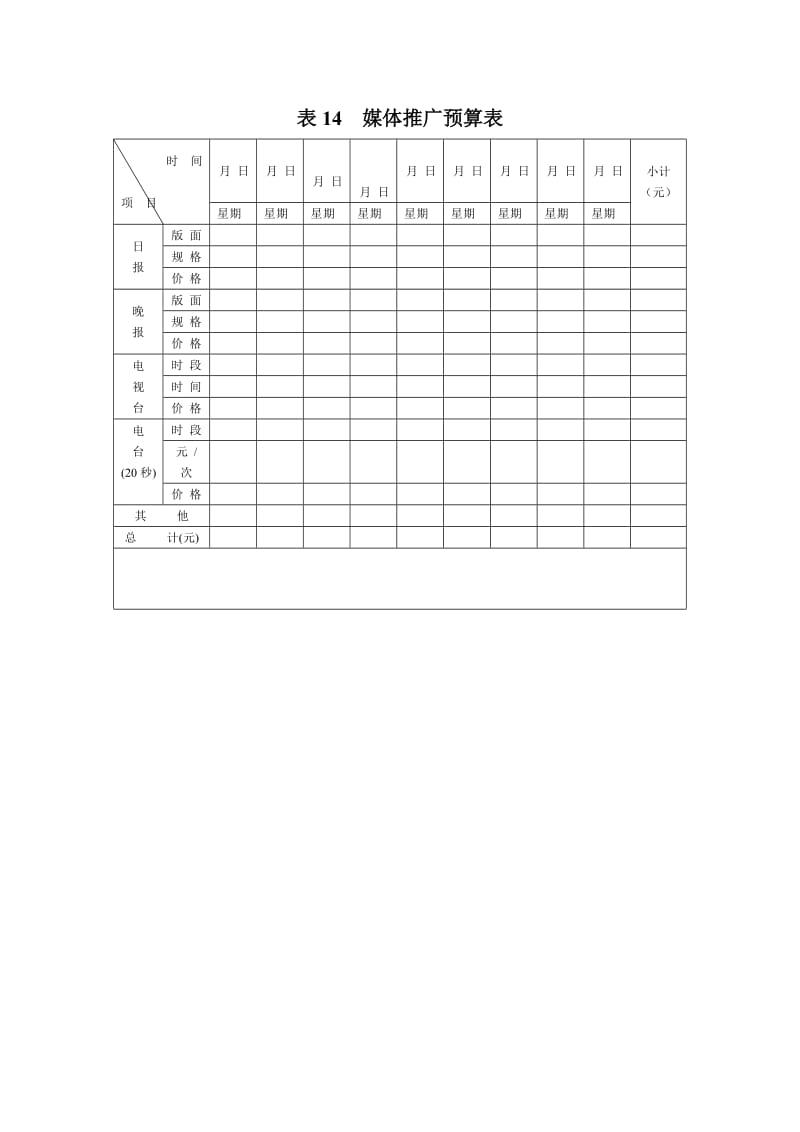 媒体推广预算表（表格模板、doc格式）.doc_第1页