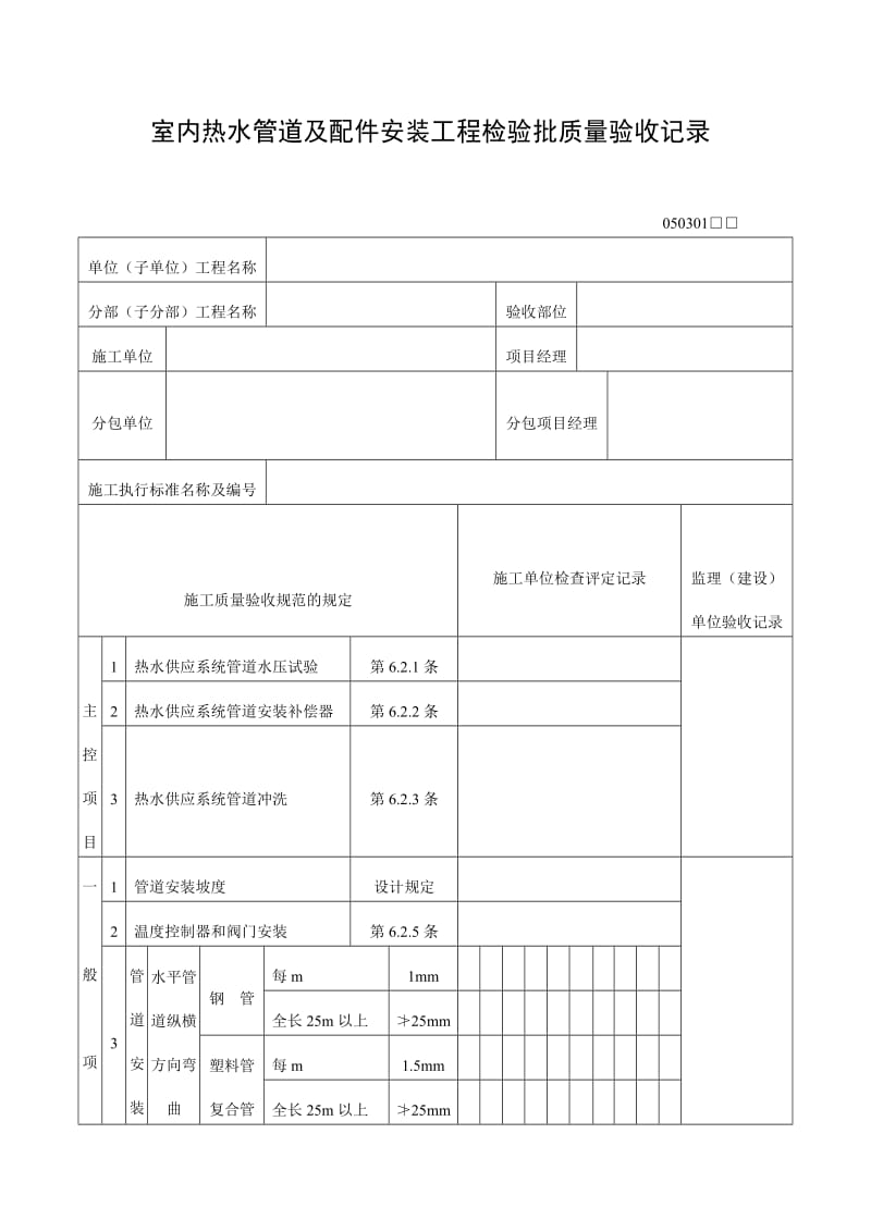 室内热水管道及配件安装工程检验批质量验收记录表（doc格式）.doc_第1页