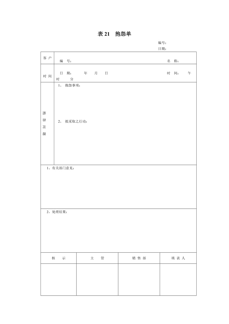 抱怨单（表格模板、doc格式）.doc_第1页