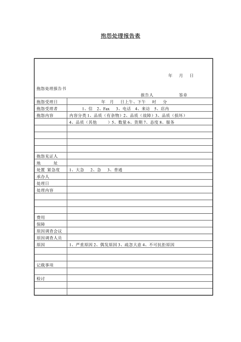 抱怨处理报告表（表格模板、doc格式）.doc_第1页