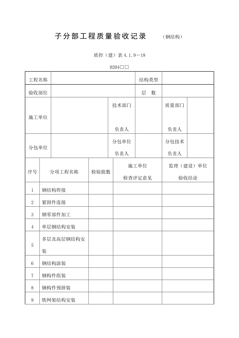 子分部工程质量验收记录（钢结构）（doc表格）.doc_第1页