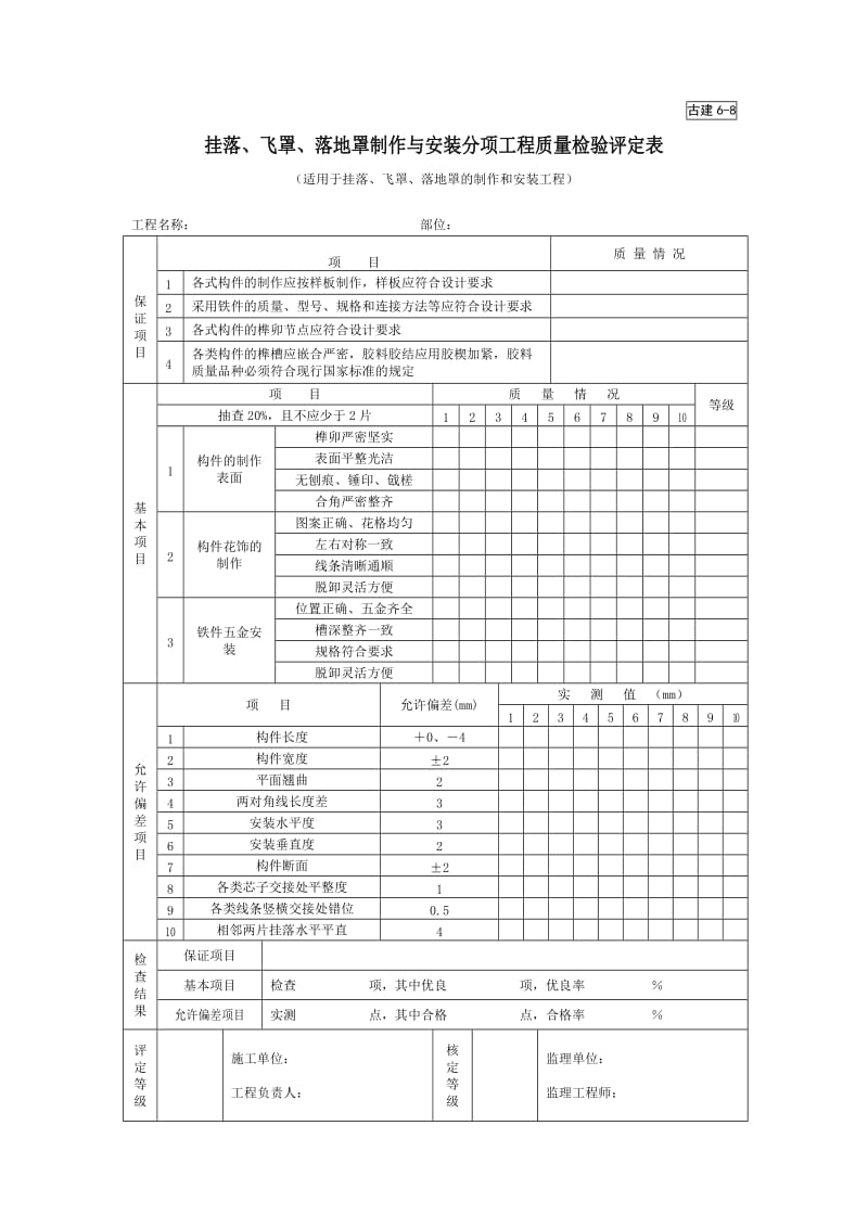 挂落、飞罩、落地罩制作与安装分项工程质量检验评定表.doc_第1页