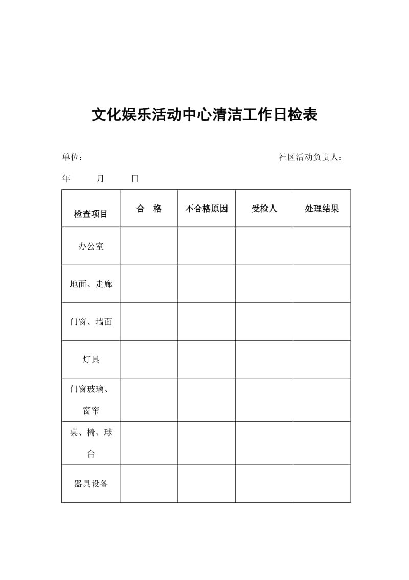 文化娱乐活动中心清洁工作日检表（表格模板、doc格式）.doc_第1页