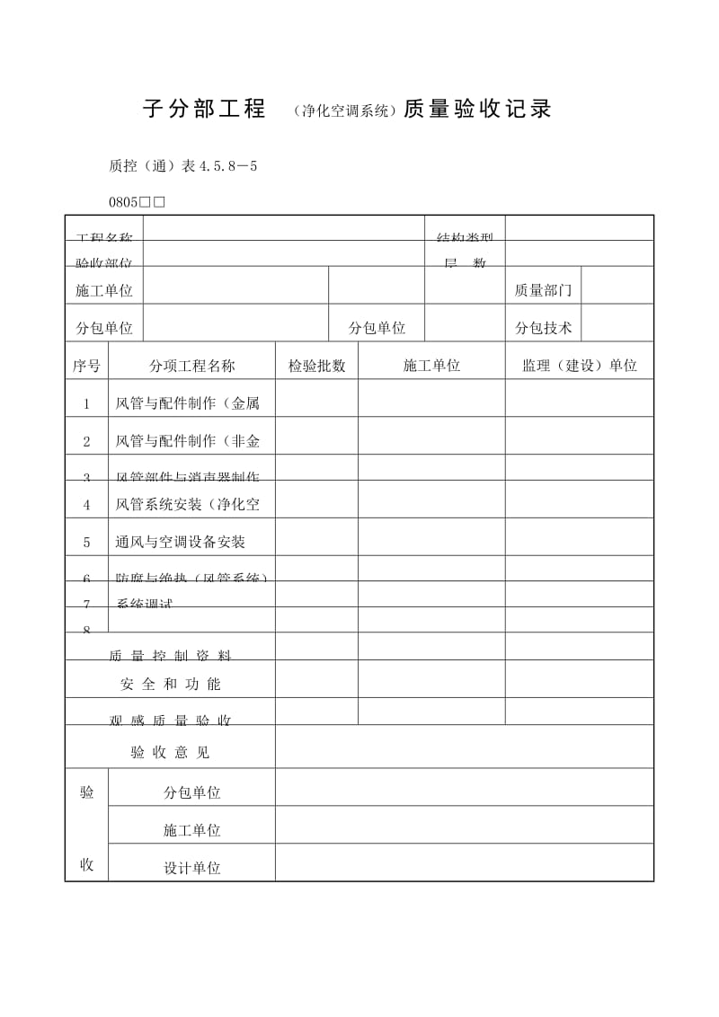 子分部工程（净化空调系统）质量验收记录表（doc格式）.doc_第1页