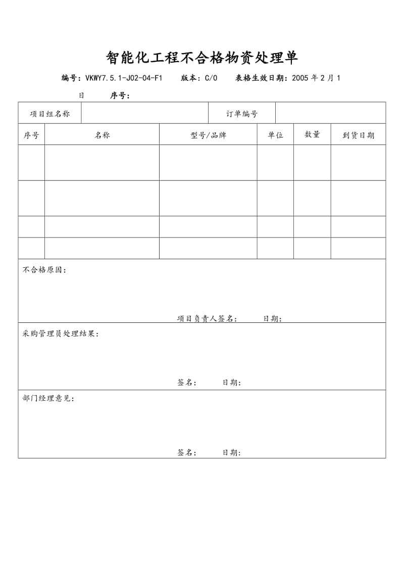 智能化工程不合格物资处理单.doc_第1页