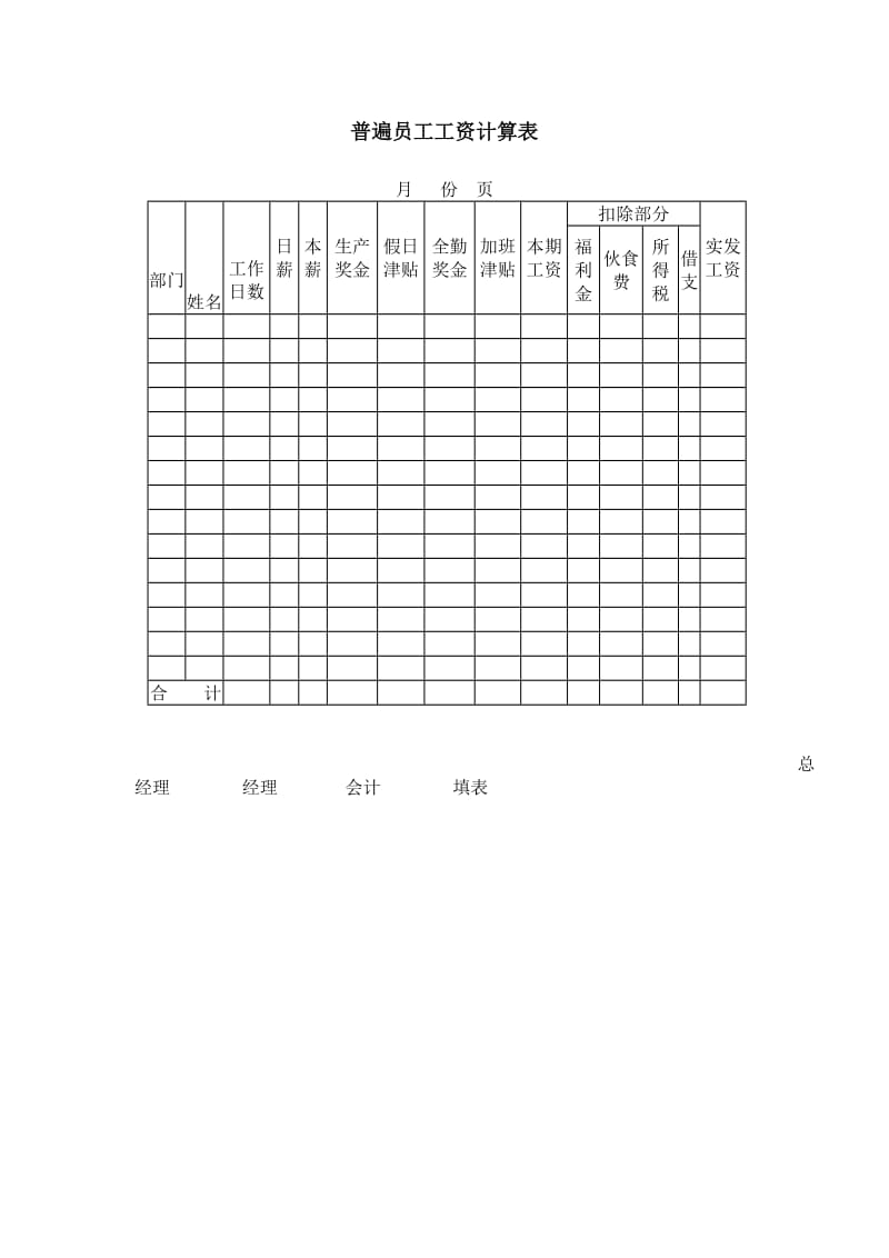 普遍员工工资计算（表格模板、doc格式）.doc_第1页