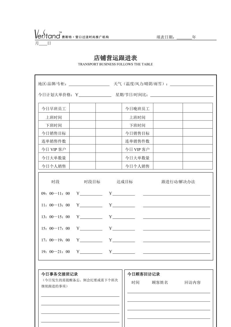 服装专卖店管理之《店铺每日营运跟进表》（表格模板、doc格式）.doc_第1页