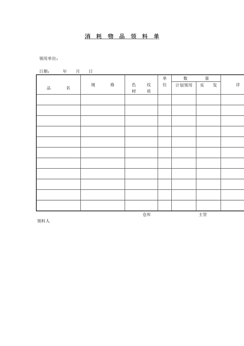 消耗物品领料单（表格模板、doc格式）.doc_第1页