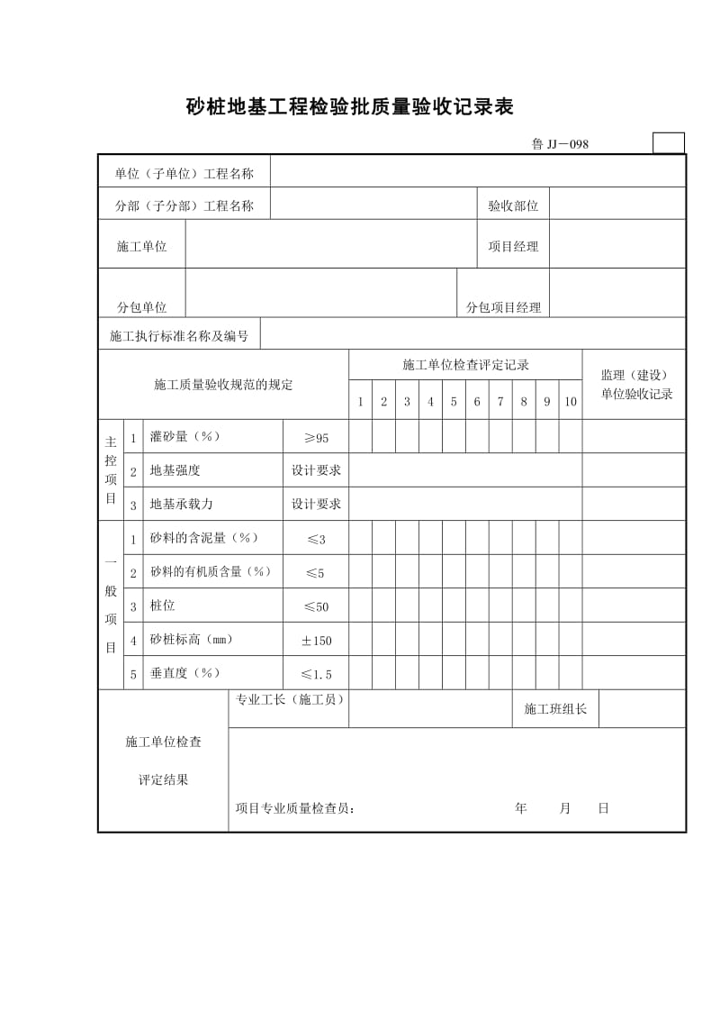 砂桩地基工程检验批质量验收记录表.doc_第1页