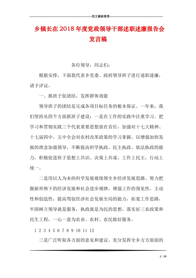 乡镇长在2018年度党政领导干部述职述廉报告会发言稿.doc_第1页