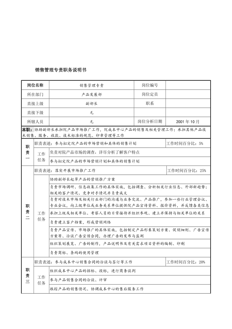 航材院产品发展部销售管理专责职务说明书.doc.doc_第1页