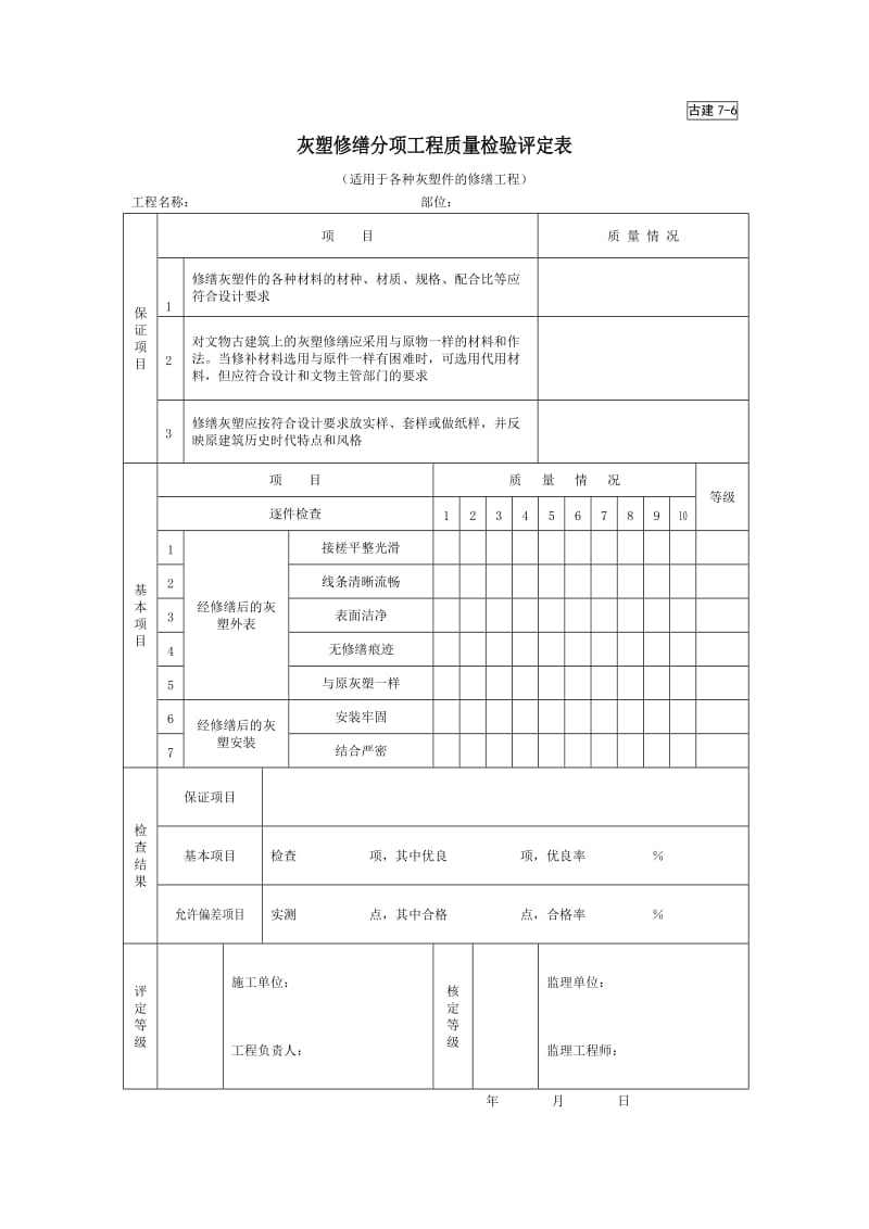 灰塑修缮分项工程质量检验评定表.doc_第1页