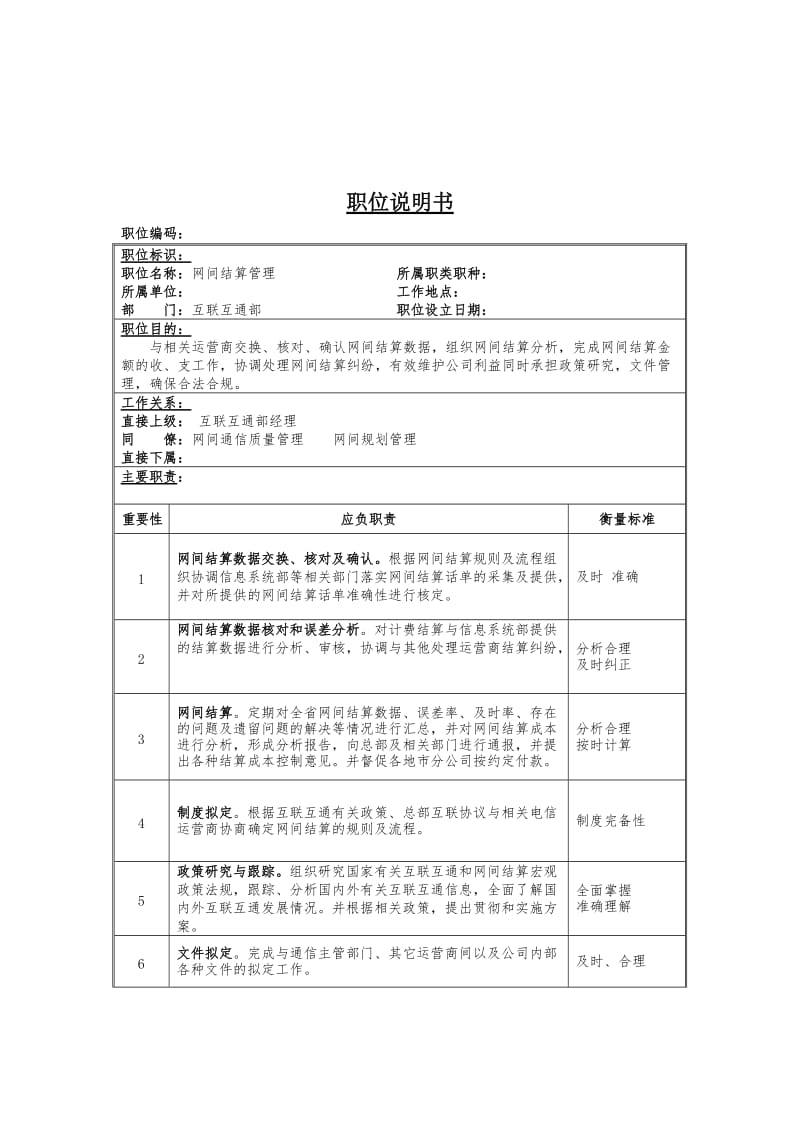 网间结算管理岗位说明书.doc.doc_第1页