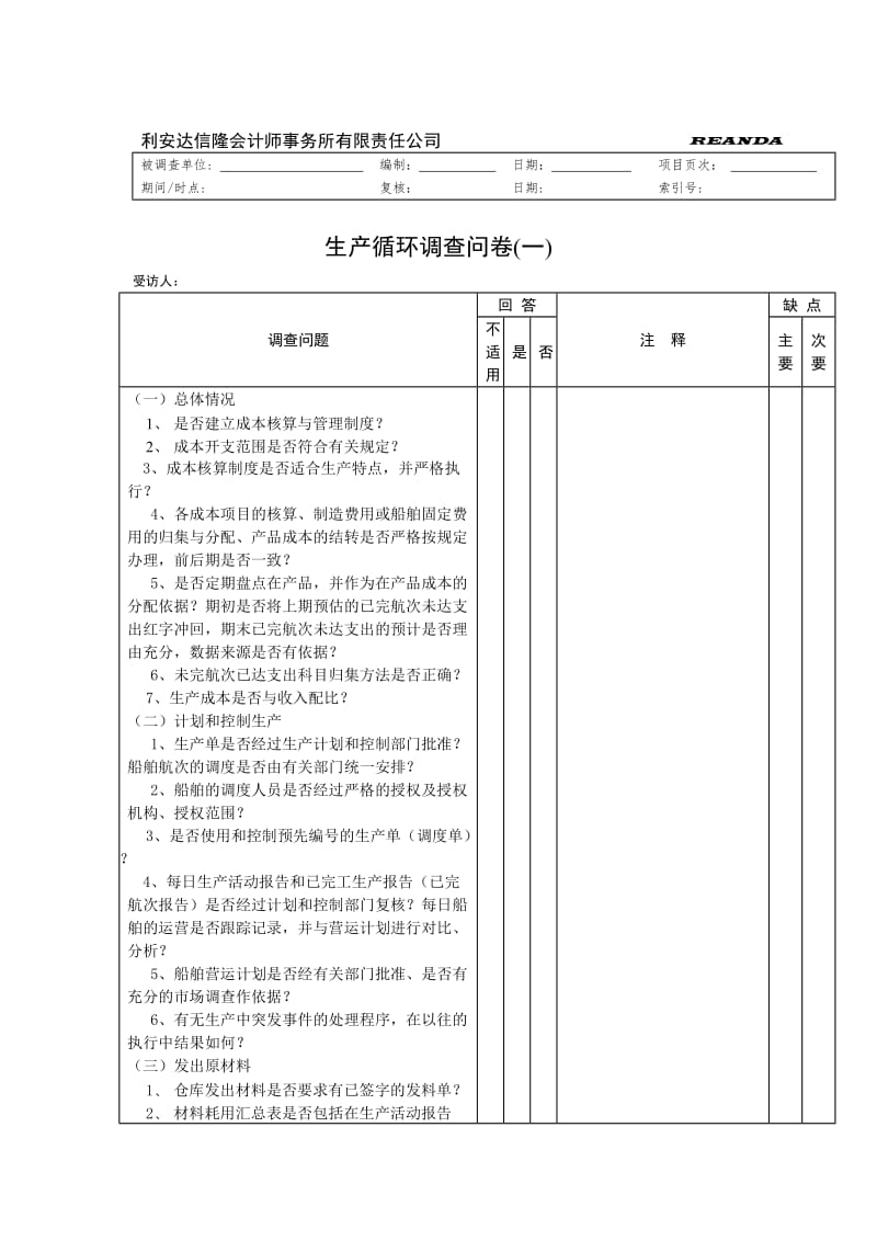 生产循环调查问卷（表格模板、doc格式）.doc_第1页