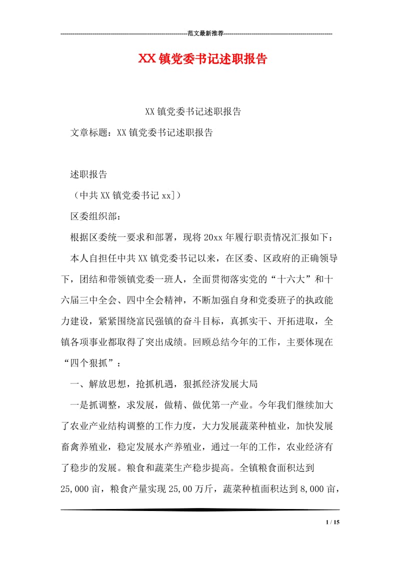 XX镇党委书记述职报告.doc_第1页