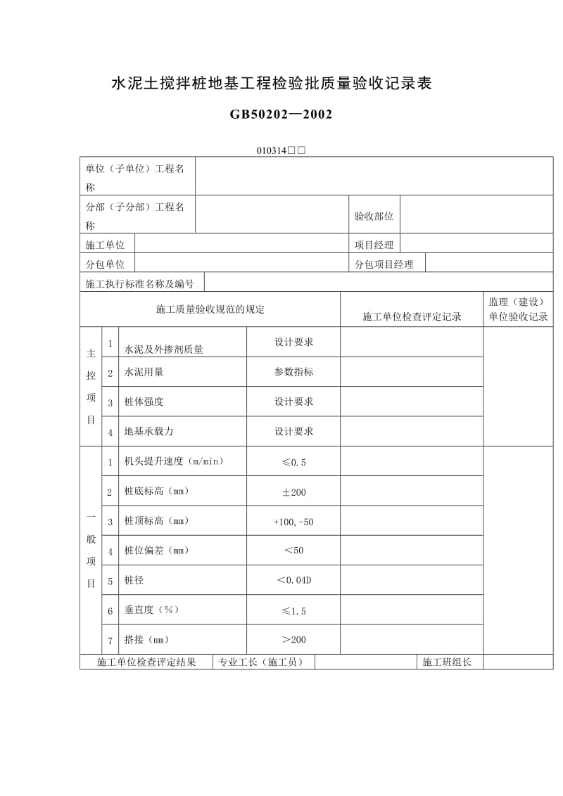 水泥土搅拌桩地基工程检验批质量验收记录表（表格模板、doc格式）.doc_第1页