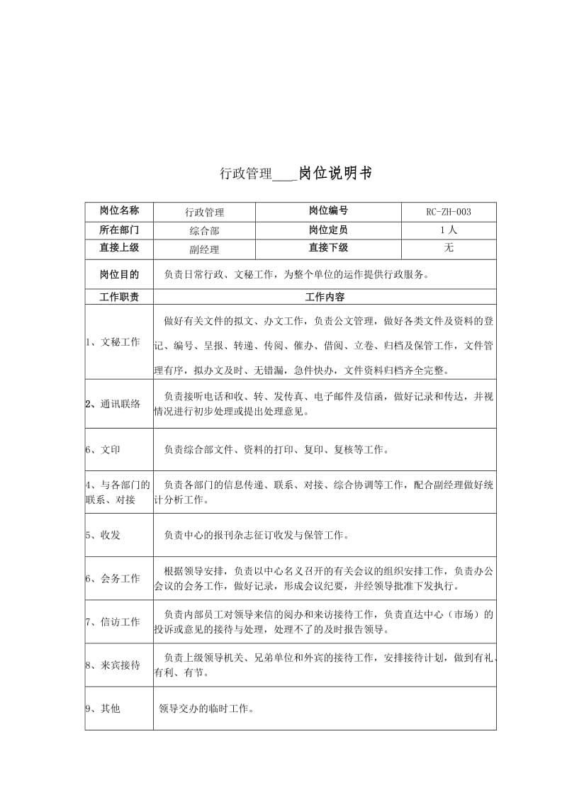 行政管理岗位说明书.doc_第1页