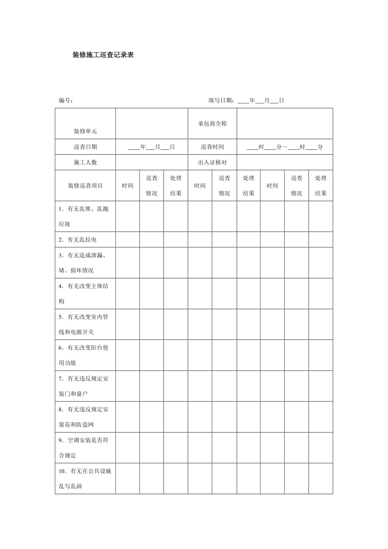 装修施工巡查记录表（doc格式）.doc_第1页