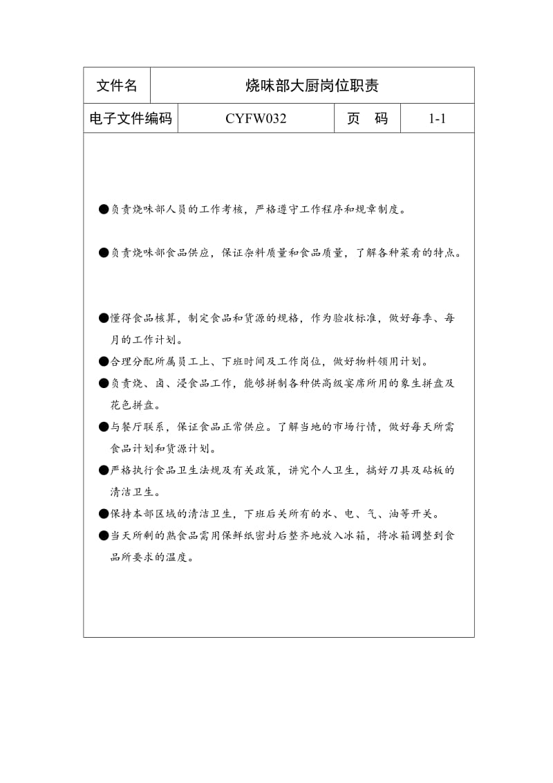 烧味部大厨岗位职责（表格模板、doc格式）.doc_第1页