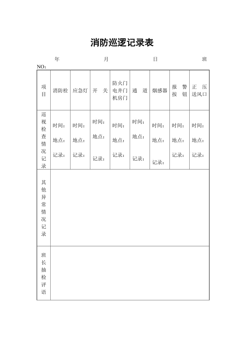 消防巡逻记录表（表格模板、doc格式）.doc_第1页