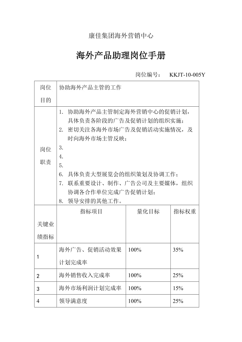 海外产品助理岗位手册（制度范本、doc格式）.doc_第1页