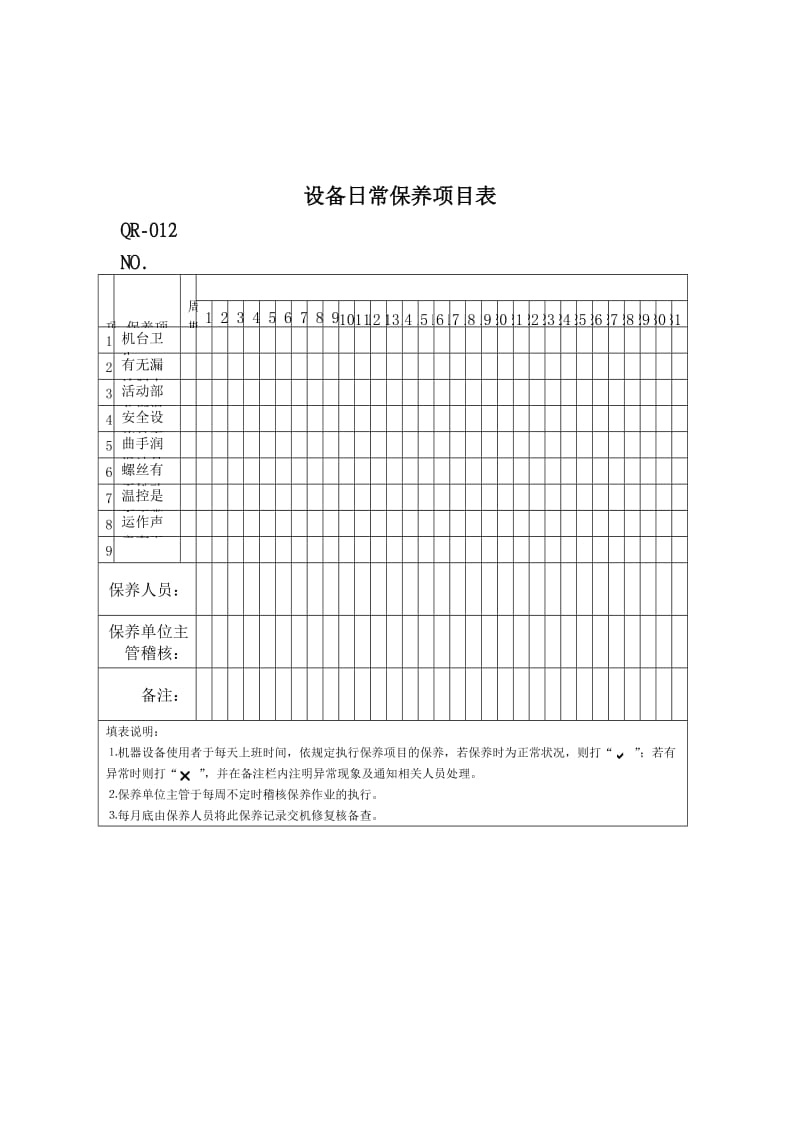 设备日常保养项目表（表格模板、doc格式）.doc_第1页