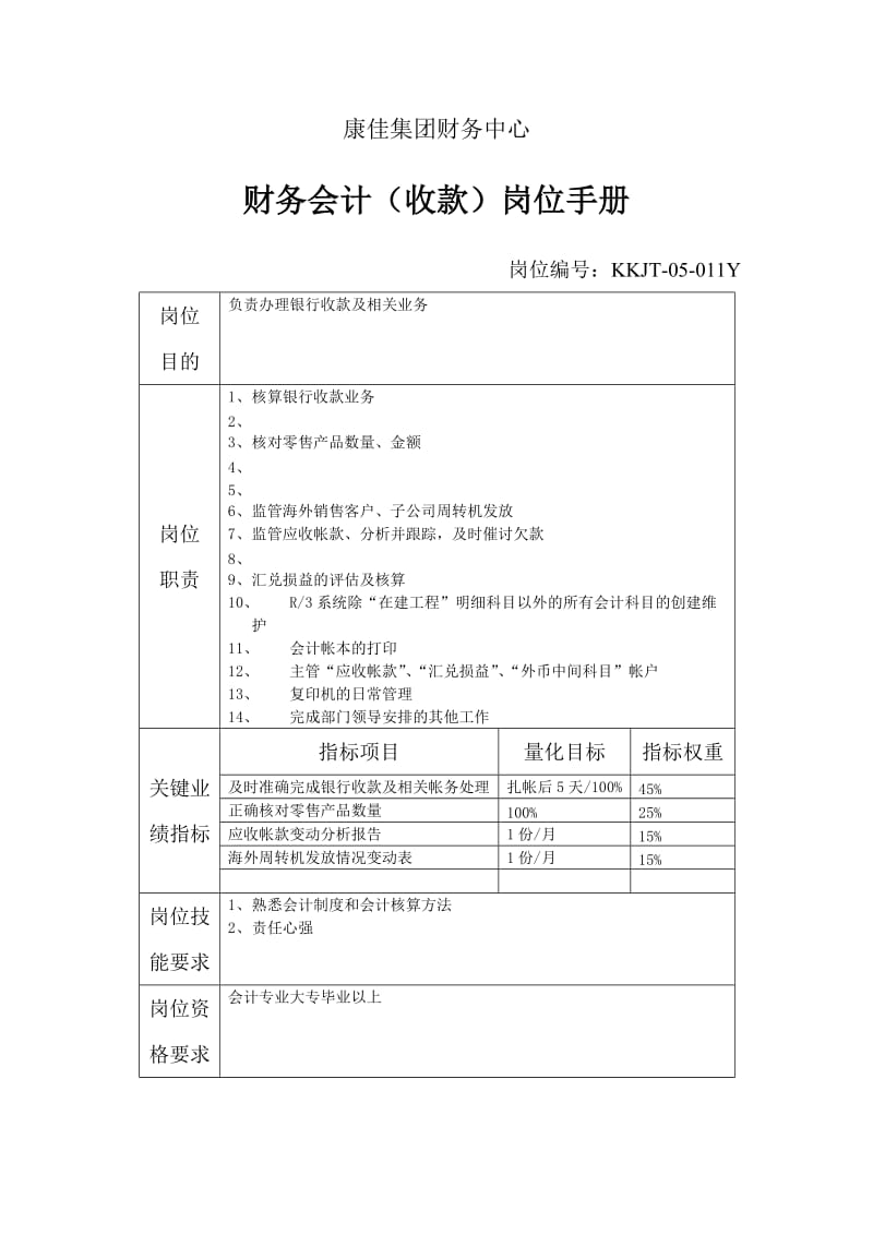 财务中心财务会计（收款）岗位手册（表格模板、doc格式）.doc_第1页