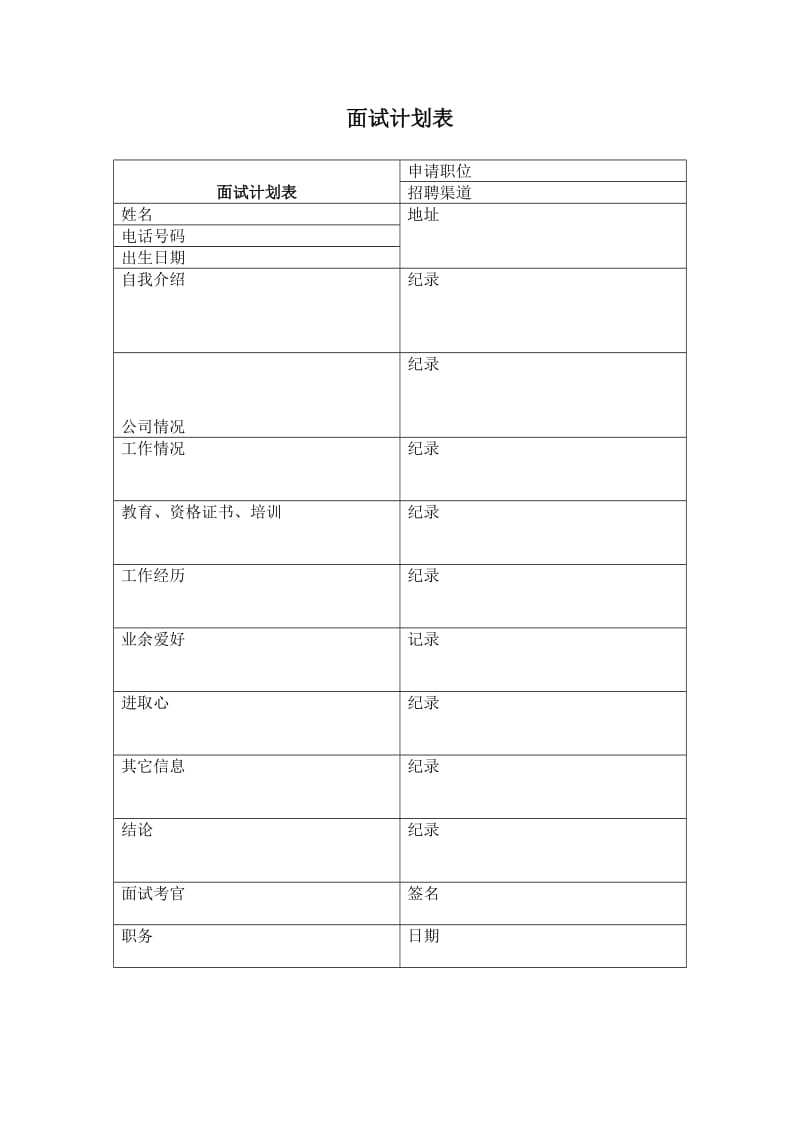 面试计划表（表格模板、doc格式）.doc_第1页