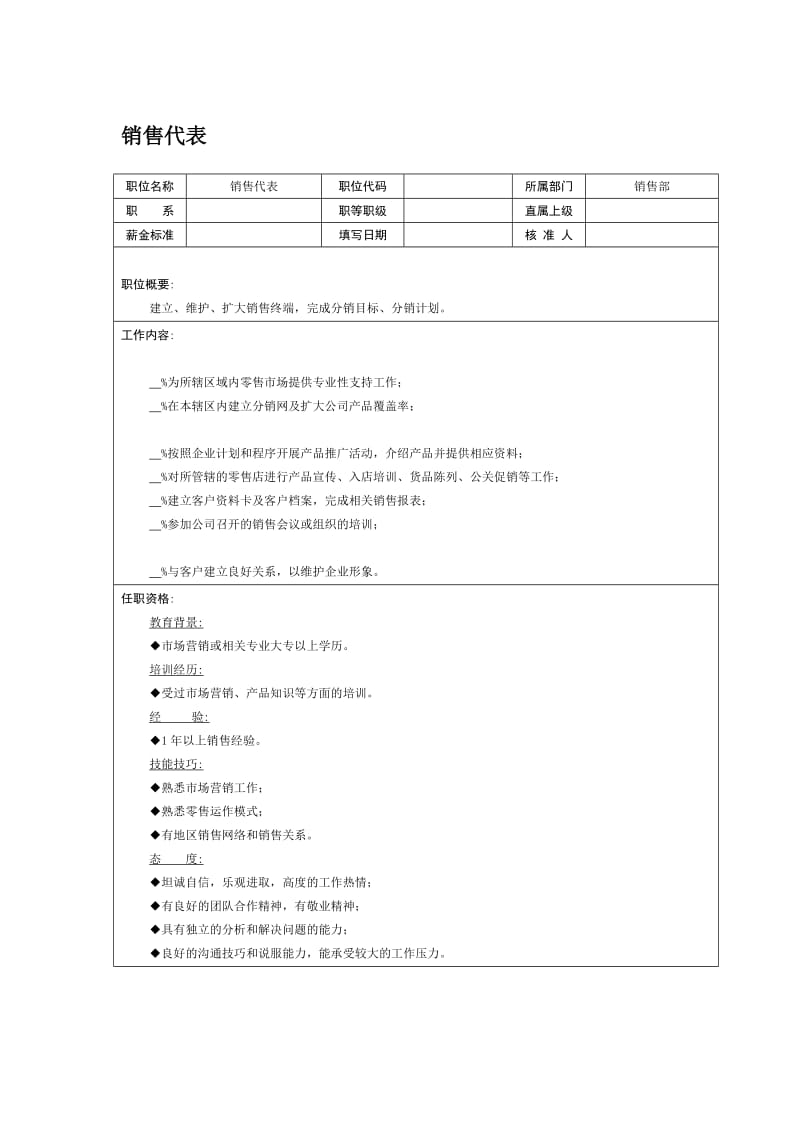 销售代表（表格模板、doc格式）.doc_第1页