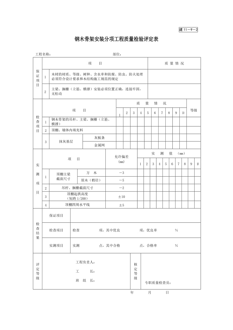 钢木骨架安装分项工程质量检验评定表.doc_第1页