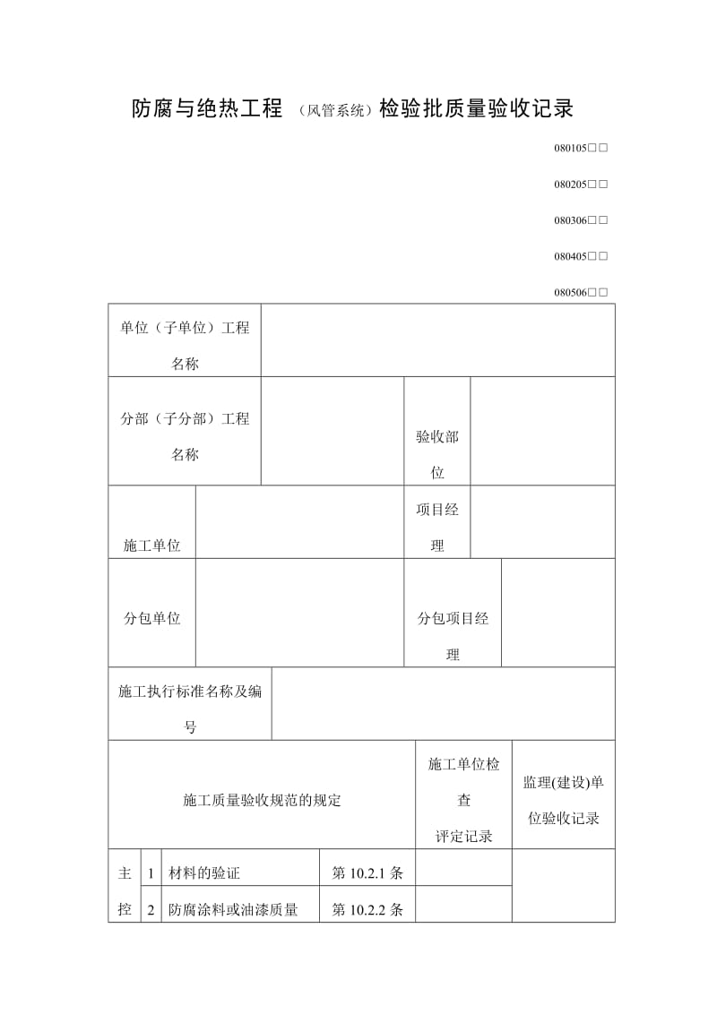 防腐与绝热工程（风管系统）检验批质量验收记录表（doc格式）.doc_第1页