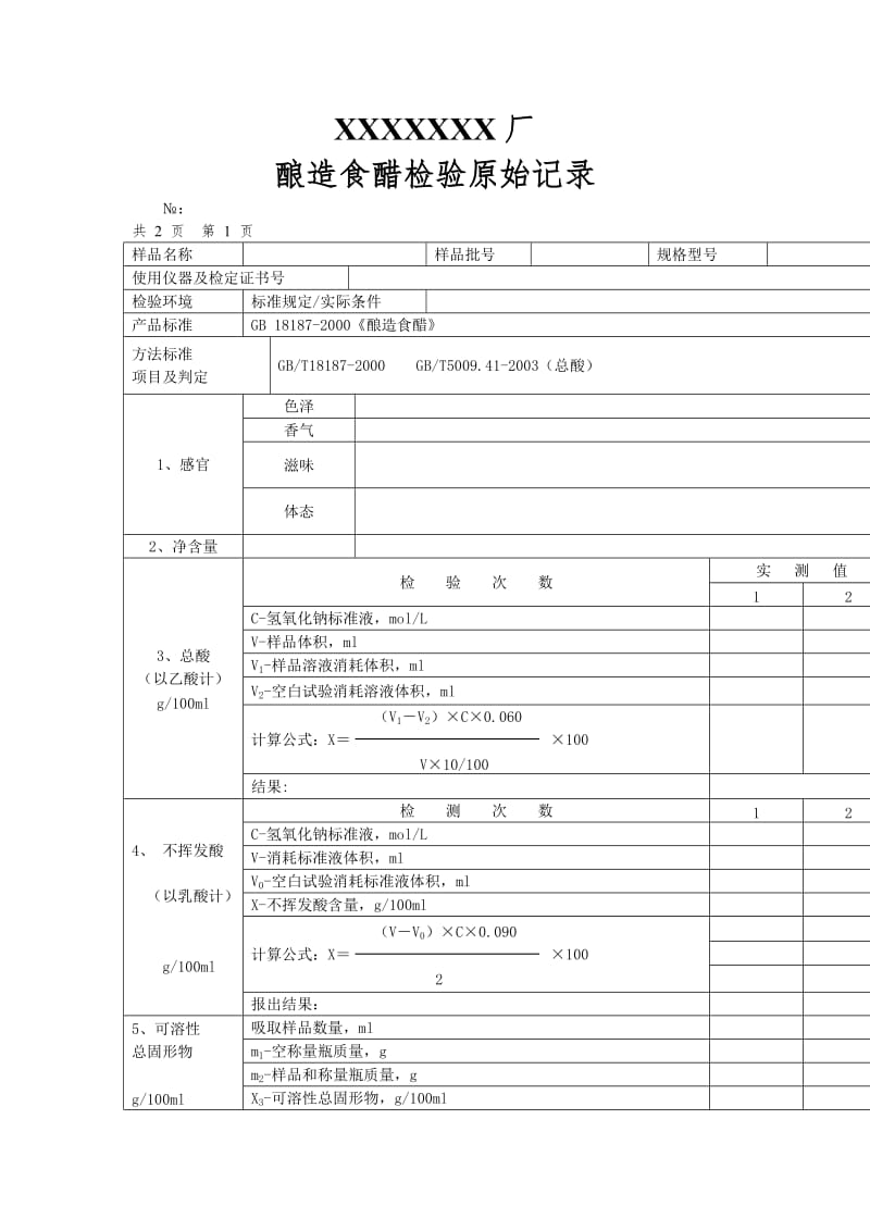 食醋原始记录（表格模板、doc格式）.doc_第1页