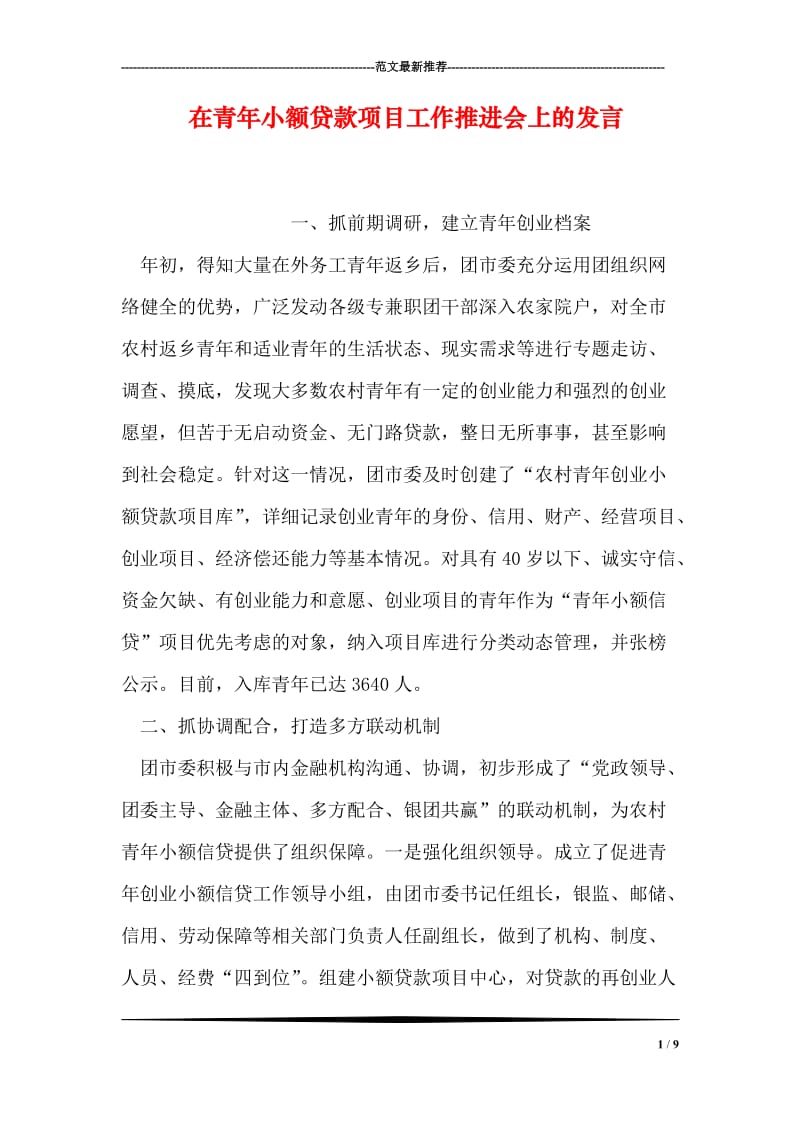 在青年小额贷款项目工作推进会上的发言.doc_第1页