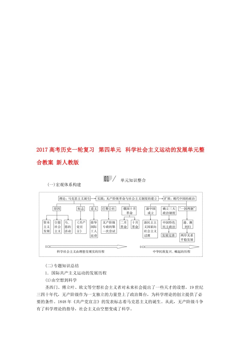 高考历史一轮复习 第四单元 科学社会主义运动的发展单元整合教案 新人教版..doc_第1页