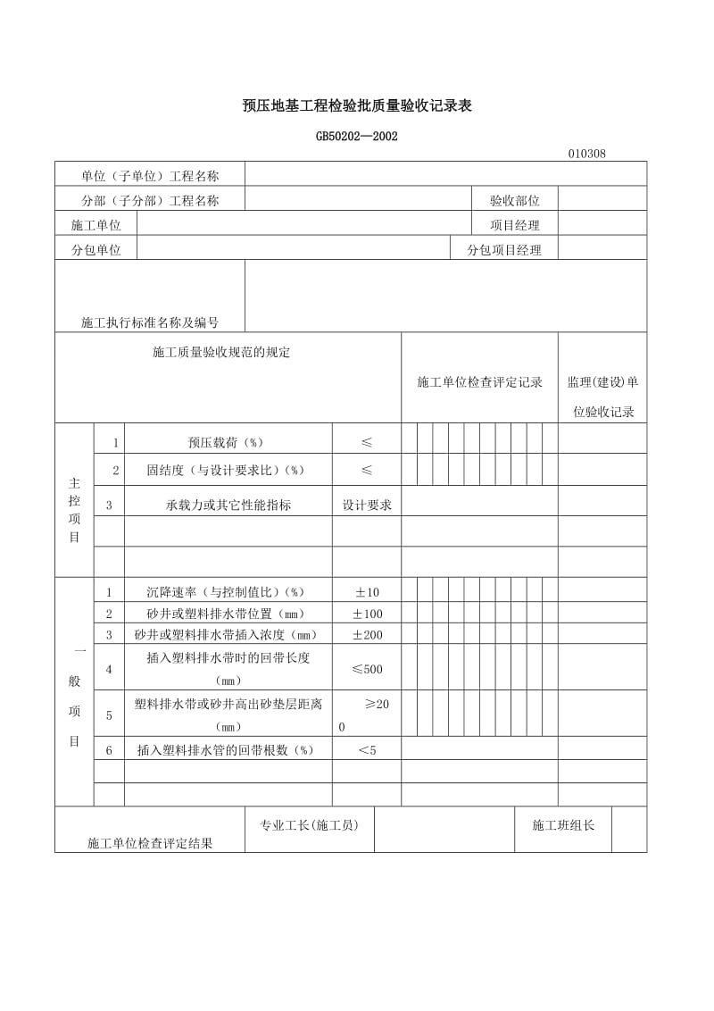 预压地基工程检验批质量验收记录表（表格模板、doc格式）.doc_第1页