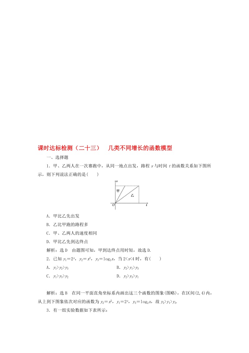 高中数学 课时达标检测（二十三）几类不同增长的函数模型 新人教A版必修1..doc_第1页