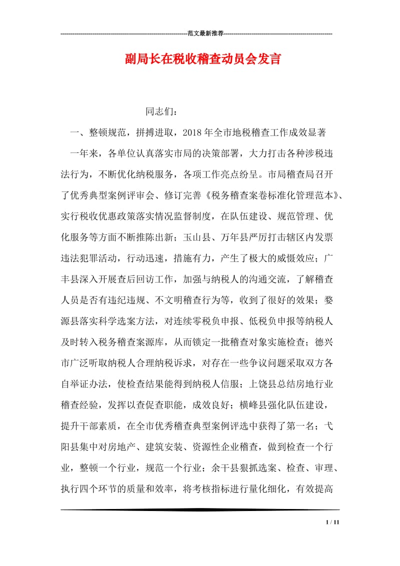 副局长在税收稽查动员会发言.doc_第1页