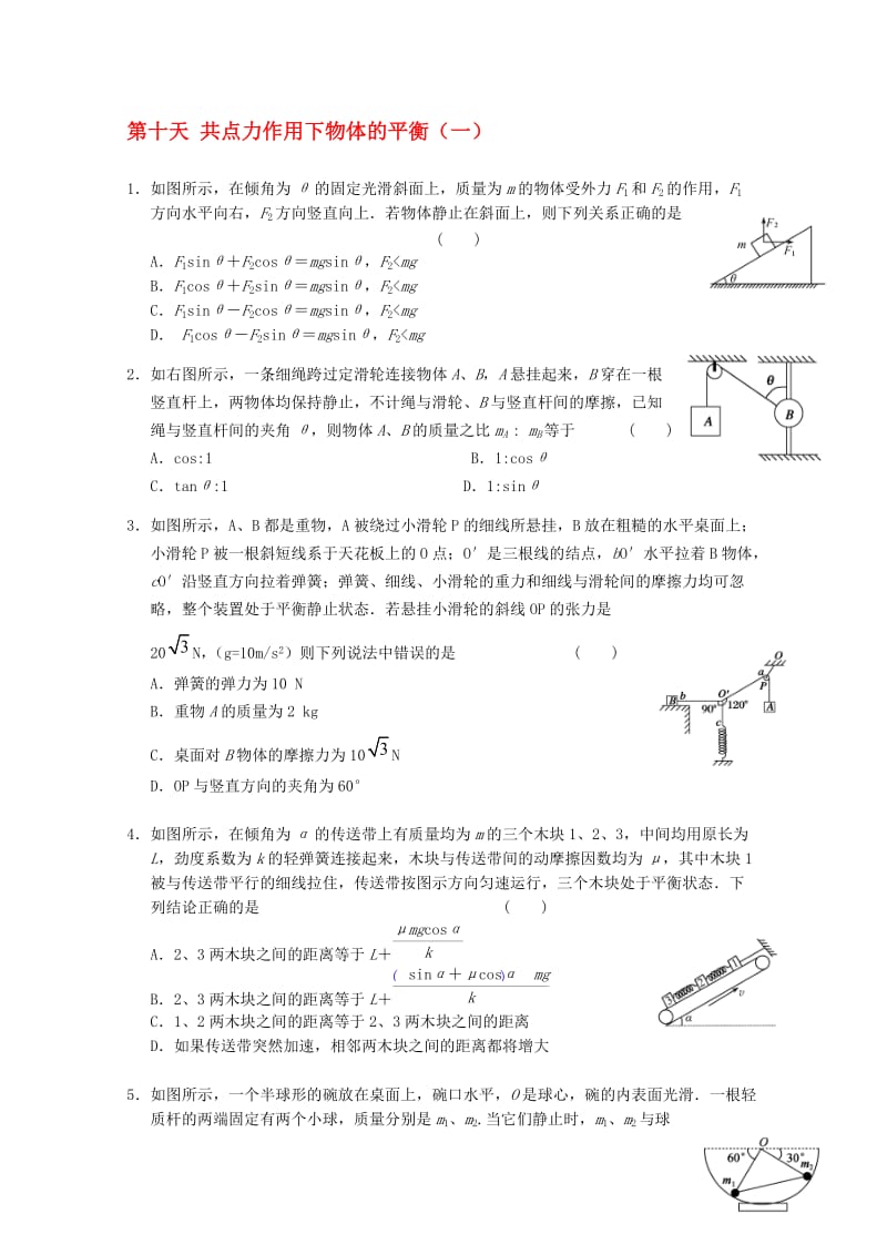 高一物理寒假作业 第十天 共点力作用下物体的平衡..doc_第1页