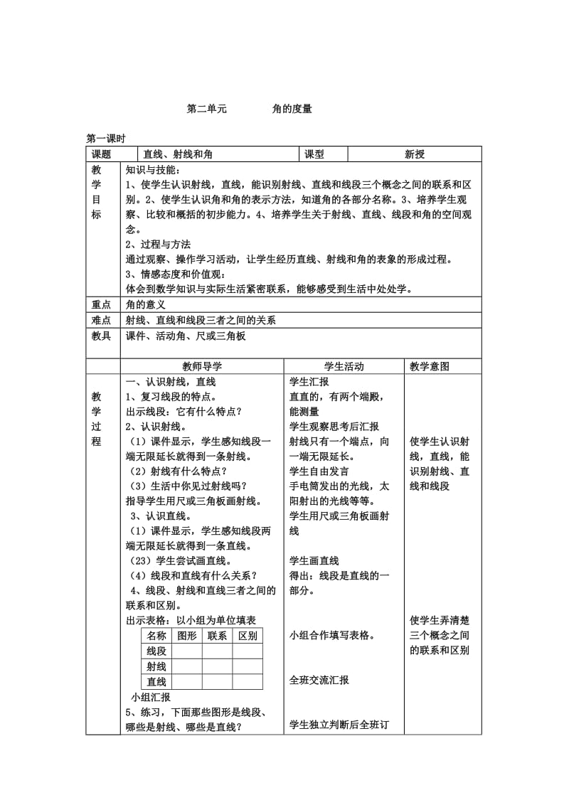 教案第二单元角的度量直线、射线和角.doc_第1页