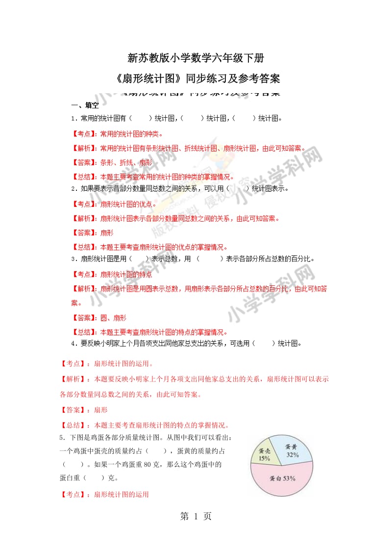 【精品】六年级下册数学同步练习及解析-1.1 扇形统计图_苏教版（2014秋）.docx_第1页