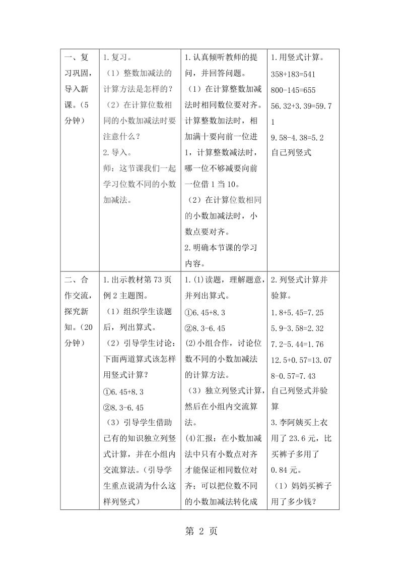 【优选】四年级下册数学教案-第六单元 1.课时2 位数不同的小数加减法_人教新课标（2014秋）.doc_第2页