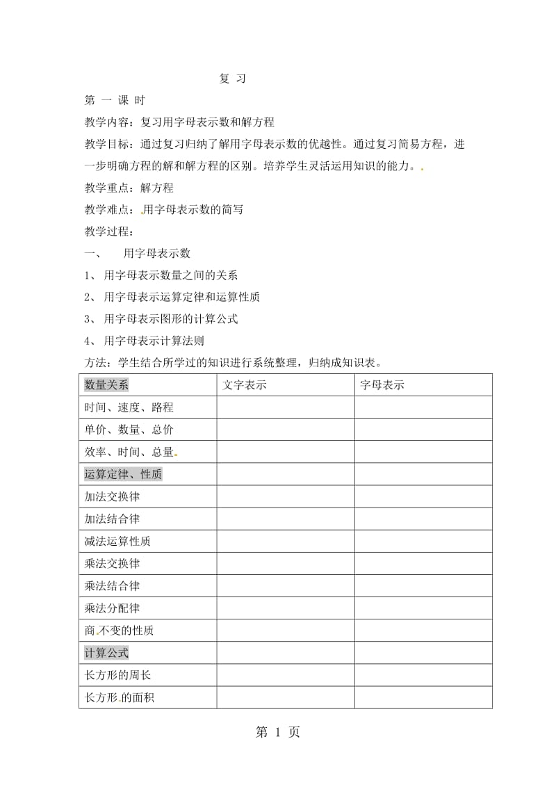 五年级上册数学教案-五 方程 整理与复习_北京版（2014秋）.docx_第1页