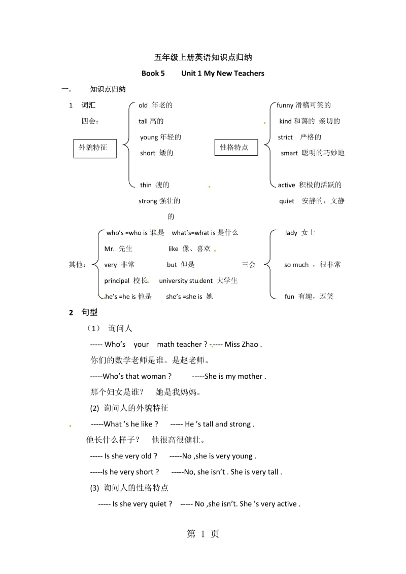 五年级上册英语素材-重点Unit1_人教PEP（2014秋）.doc_第1页