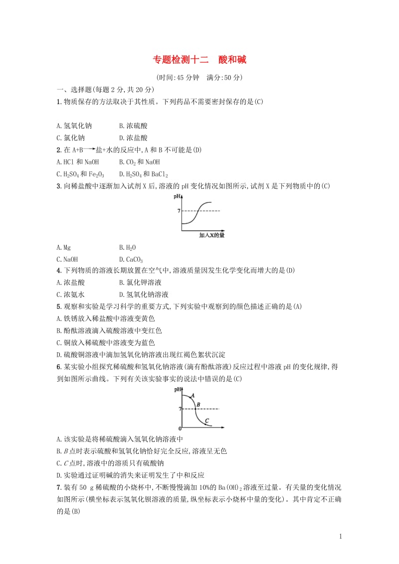 2018年中考化学复习第10单元酸和碱专题检测十二酸和碱试题新版新人教版2017110633.doc_第1页