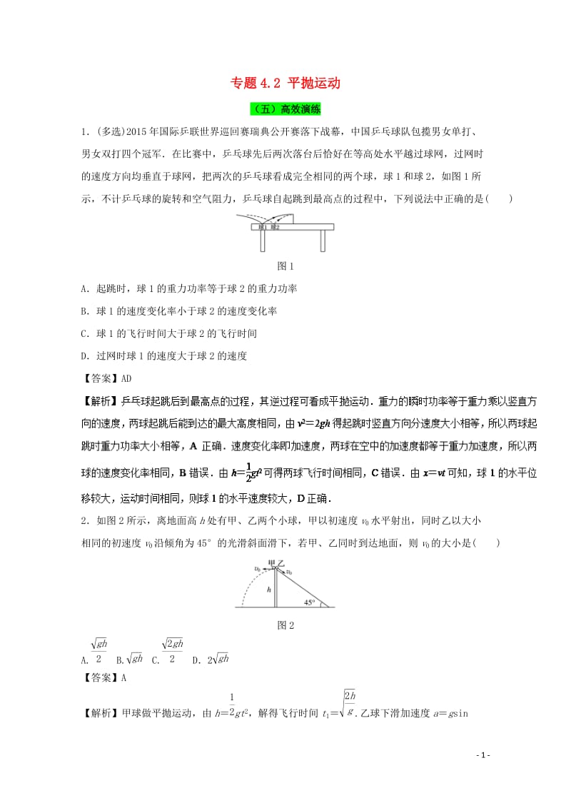 2018年高考物理一轮复习专题4.2平抛运动高效演练201711023100.doc_第1页