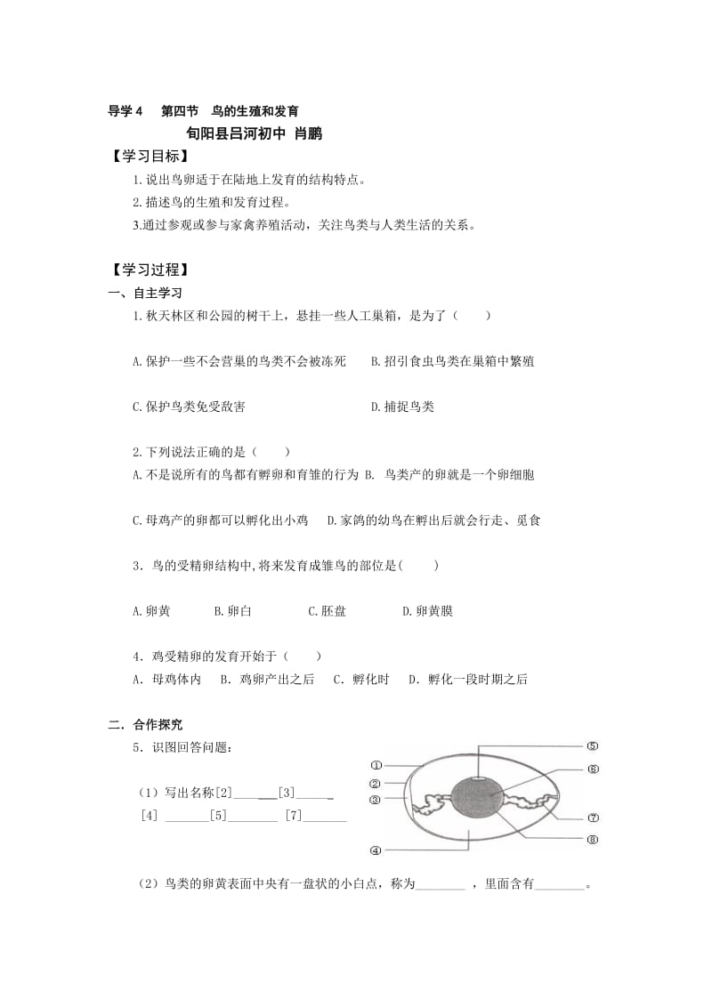 导学4第四节鸟的生殖和发育肖鹏.doc_第1页