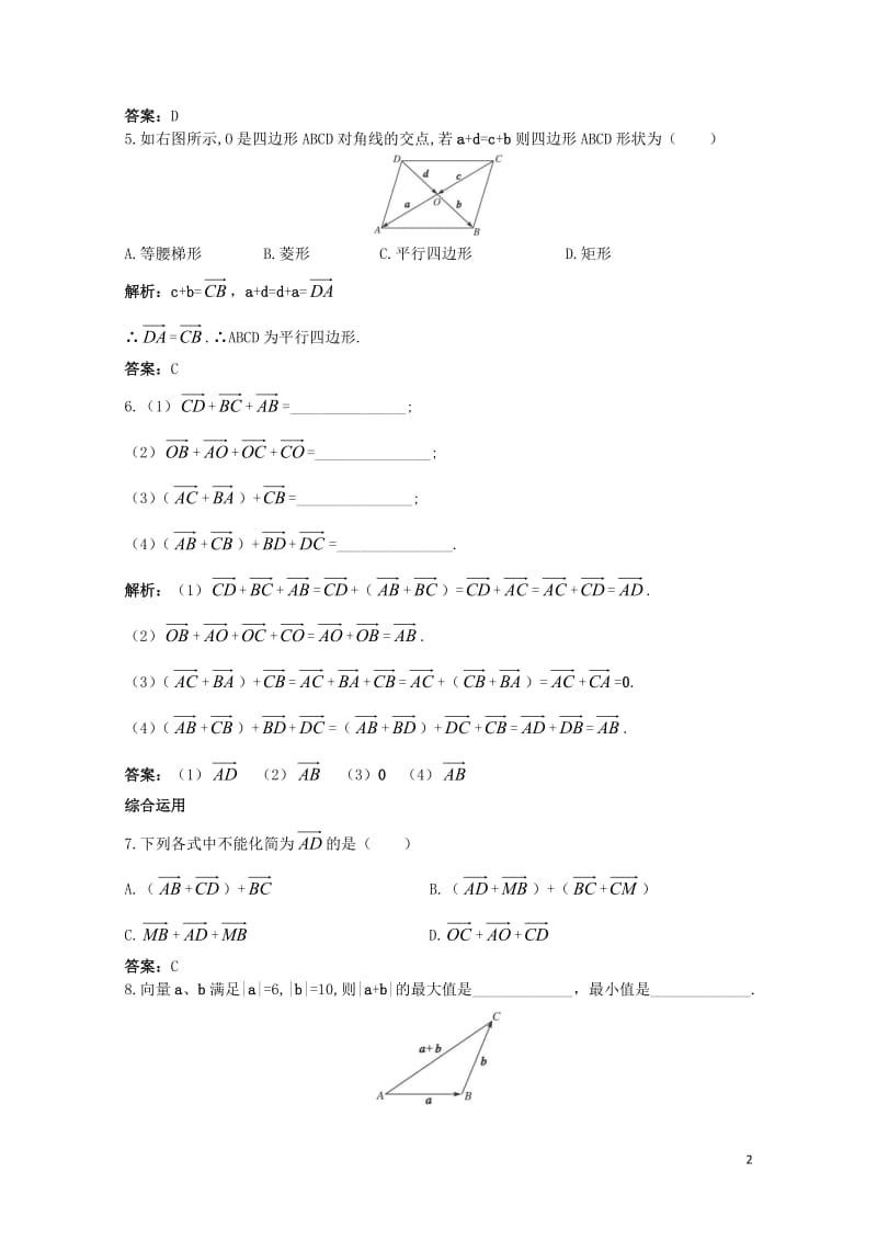 高中数学第二章平面向量2.2平面向量的线性运算2.2.1向量加法运算及其几何意义课后集训新人教A版必.doc_第2页